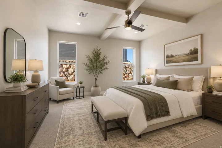 Virtually Staged Spacious Primary Bedroom featuring painted beams, recessed lighting, a contemporary ceiling fan, and plush carpeting