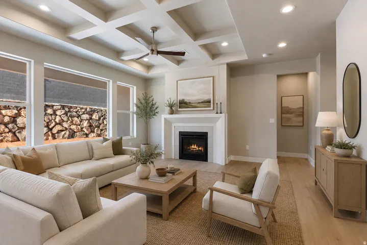 Coffered ceiling with recessed lighting and a ceiling fan, gas fireplace with a mantel, multiple windows, and wood-finish flooring