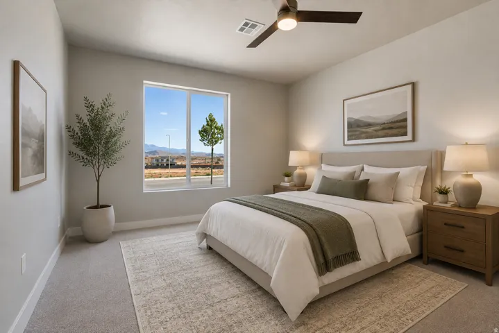 Carpeted bedroom featuring a large window, a ceiling fan with integrated lighting, and a neutral color palette
