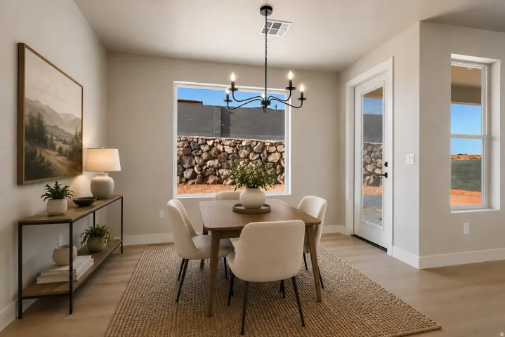 Spacious room featuring wood-finish flooring, a contemporary chandelier, multiple windows, and a glass-paneled door