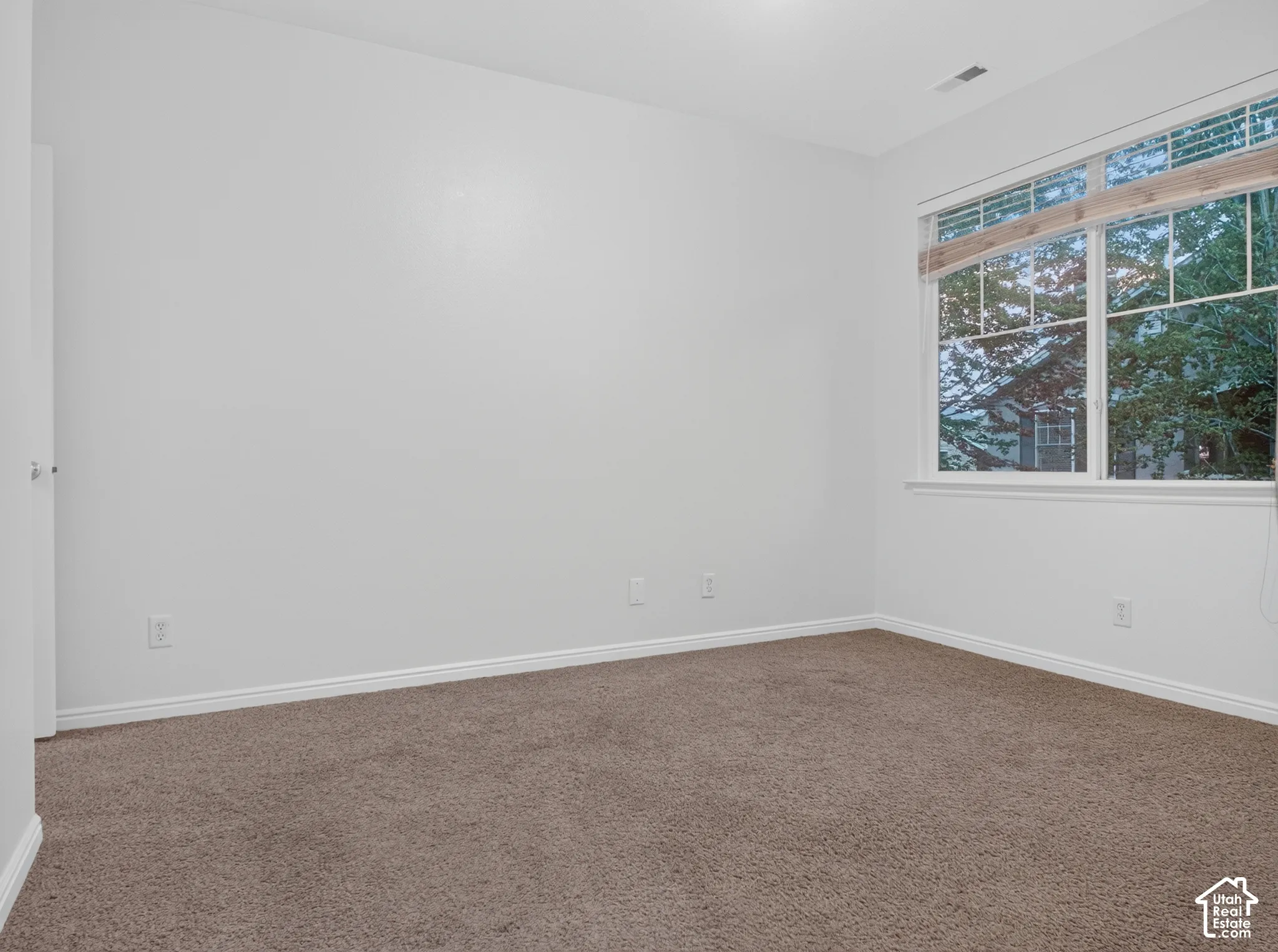 Neutral wall color, carpet flooring, and a large window with horizontal blinds