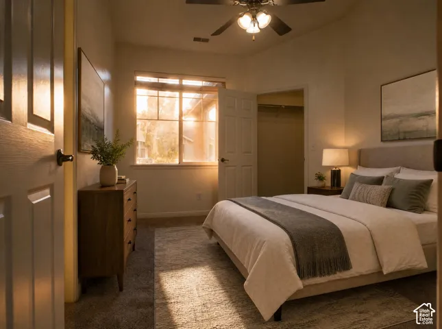 Carpeted flooring, ceiling fan with integrated lighting, window with exterior building visibility, and a built-in closet with hanging rod