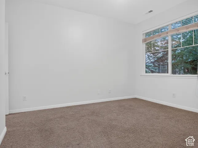 Neutral wall color, carpet flooring, and a large window with horizontal blinds