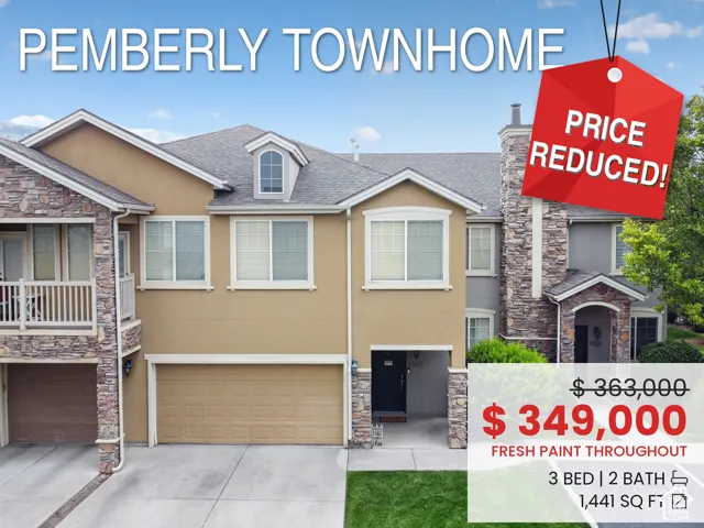 Real Estate Listing. Displaying a townhome property with price adjustment and key specifications
