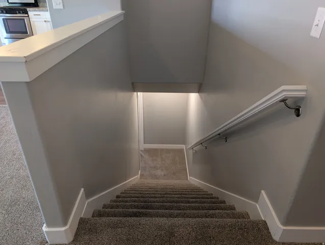 Carpeted staircase with light gray walls, white baseboards, and a white handrail with dark metal brackets