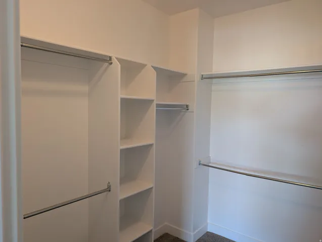 Walk-in closet featuring white built-in shelving, multiple hanging rods, and neutral carpet flooring