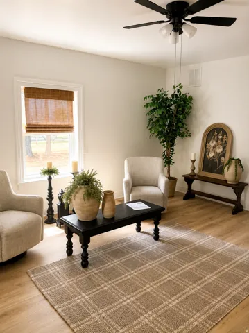 Light wood-finish flooring with a neutral wall color