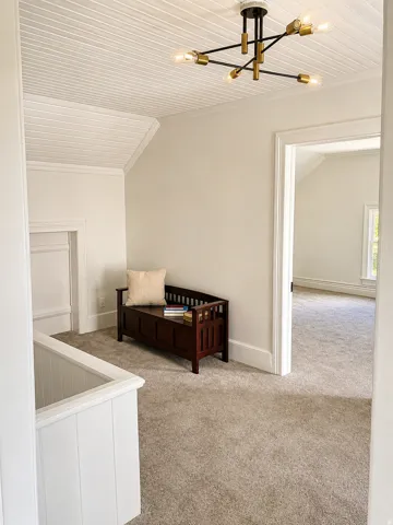 Carpeted hallway with white trim, a built-in niche, and a modern ceiling light fixture