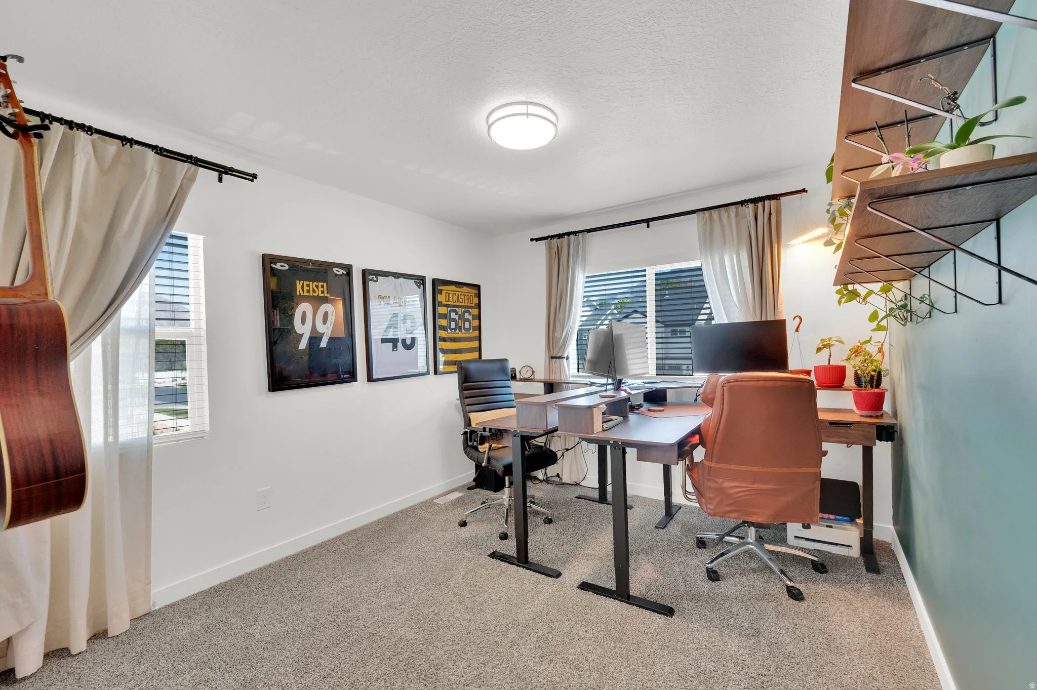 Room featuring carpeted flooring, white walls, two windows with blinds and curtains, and a ceiling-mounted light fixture