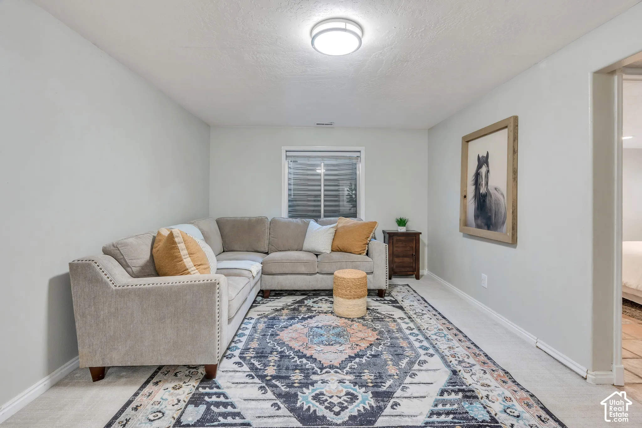 Neutral-toned interior space featuring light-colored carpeted flooring, a recessed window, and a centered dome ceiling light fixture