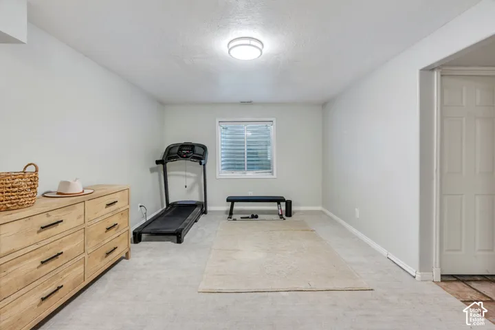 Carpeted room featuring light gray walls and a recessed window with horizontal blinds