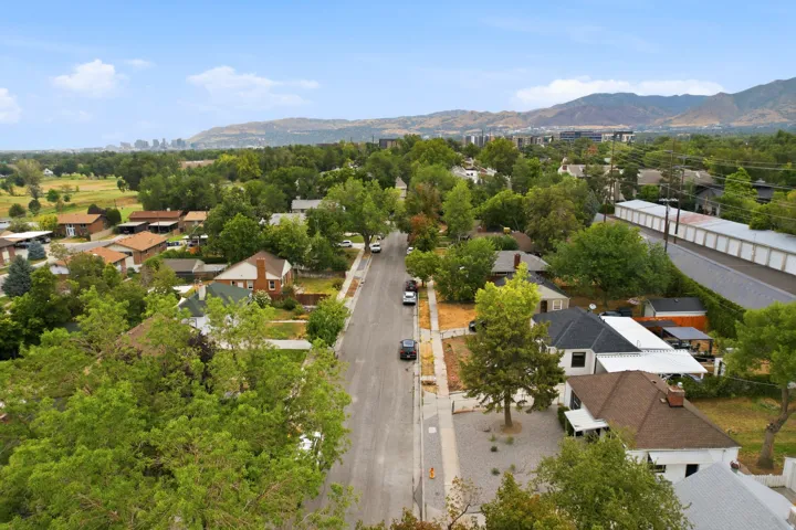 Residential street with mature trees and established homes, framed by distant mountains and a city skyline