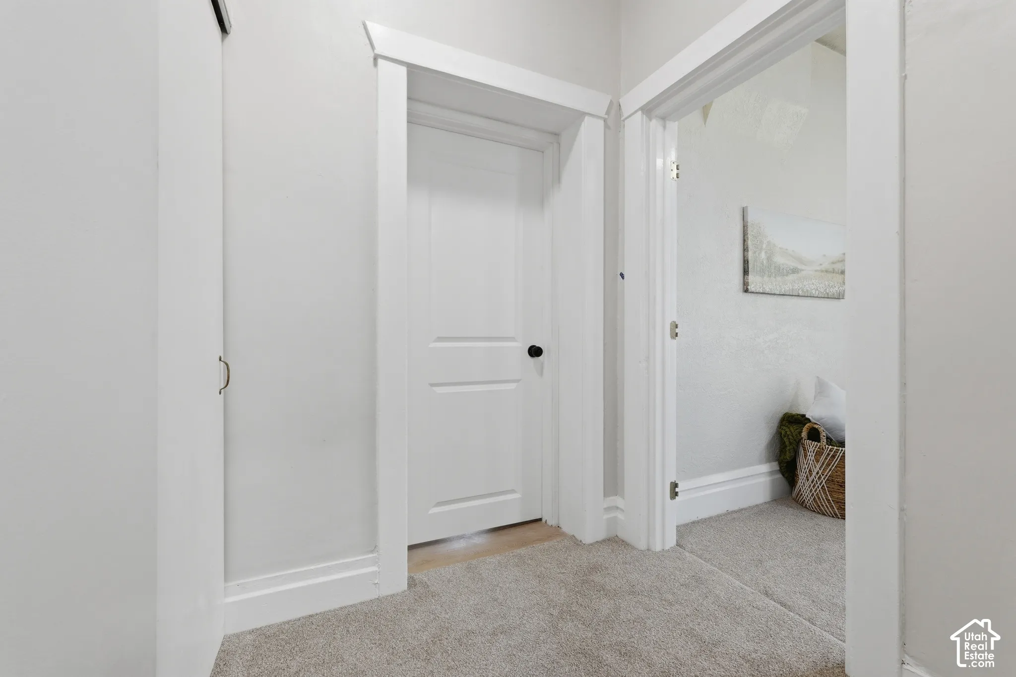 Hallway featuring light gray carpet flooring and white trim
