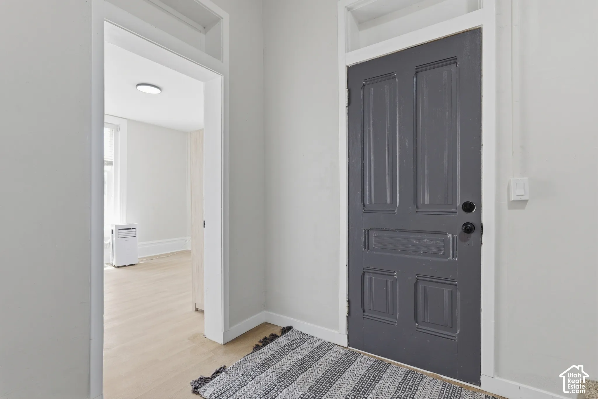 Panel door with dark finish, white trim, and light wall tones