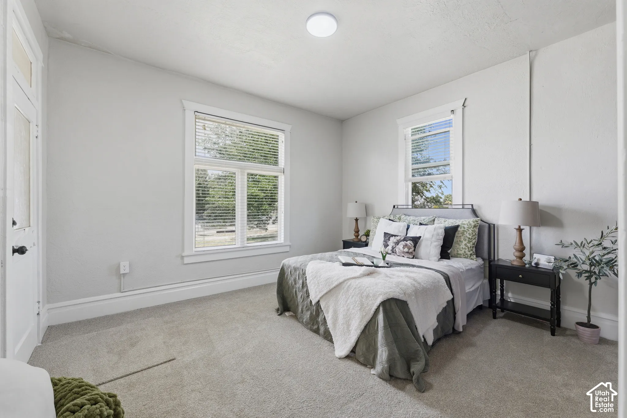 Carpeted room featuring multiple windows with blinds, a white paneled door, and a flush-mount ceiling light fixture