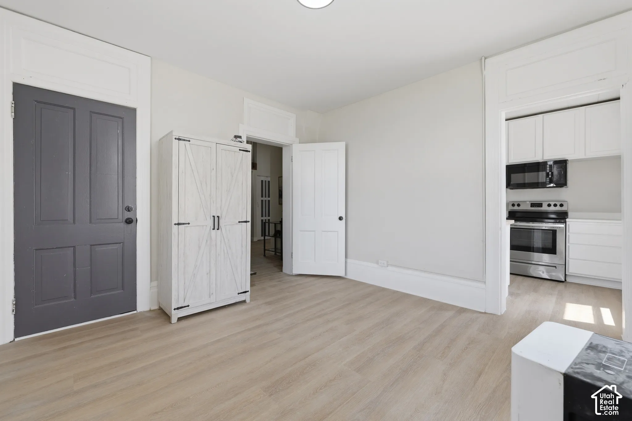 Light wood-finish flooring throughout, complemented by light grey wall paint