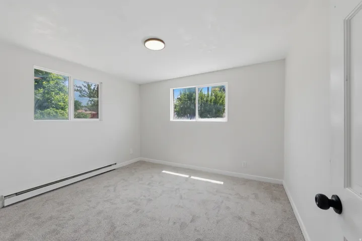 Carpeted room featuring multiple windows, a ceiling-mounted light fixture, and white painted walls