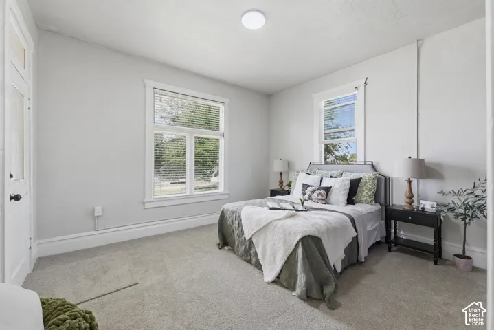 Carpeted room featuring multiple windows with blinds, a white paneled door, and a flush-mount ceiling light fixture