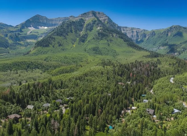 Ariel view of mountains surrounding the cabin.