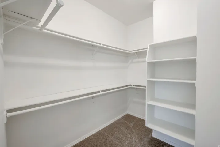 Walk-in closet featuring white wire shelving, hanging rods, built-in vertical shelving, and carpet flooring