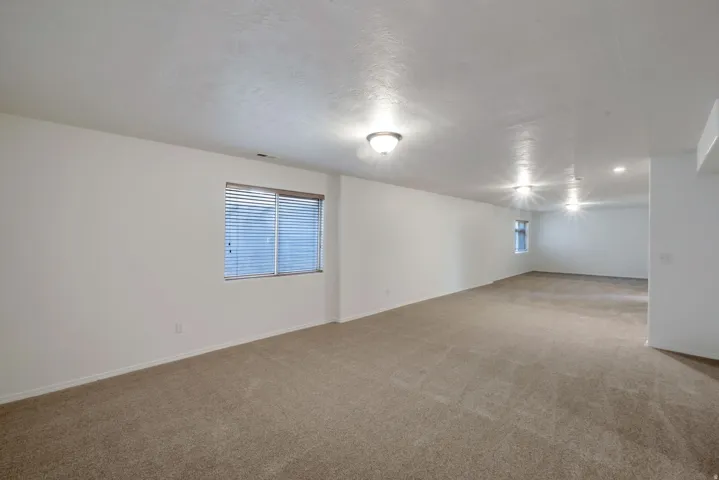 Expansive carpeted room with multiple windows providing natural light
