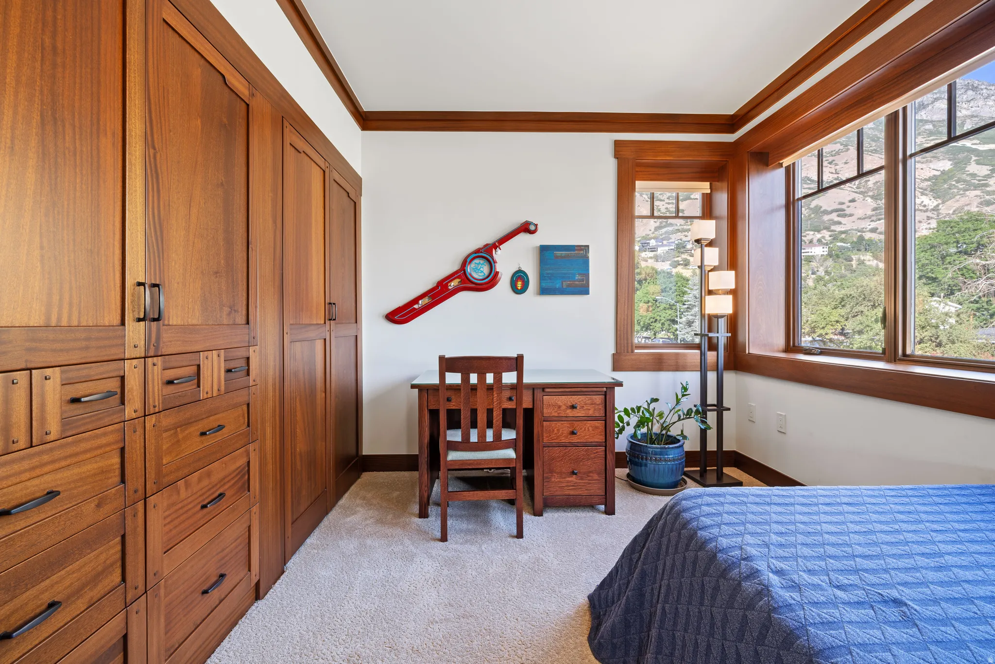 Custom built-in wood cabinetry with storage drawers and doors, wood-trimmed windows with multiple panes, white wall finishes, and light-toned carpeting