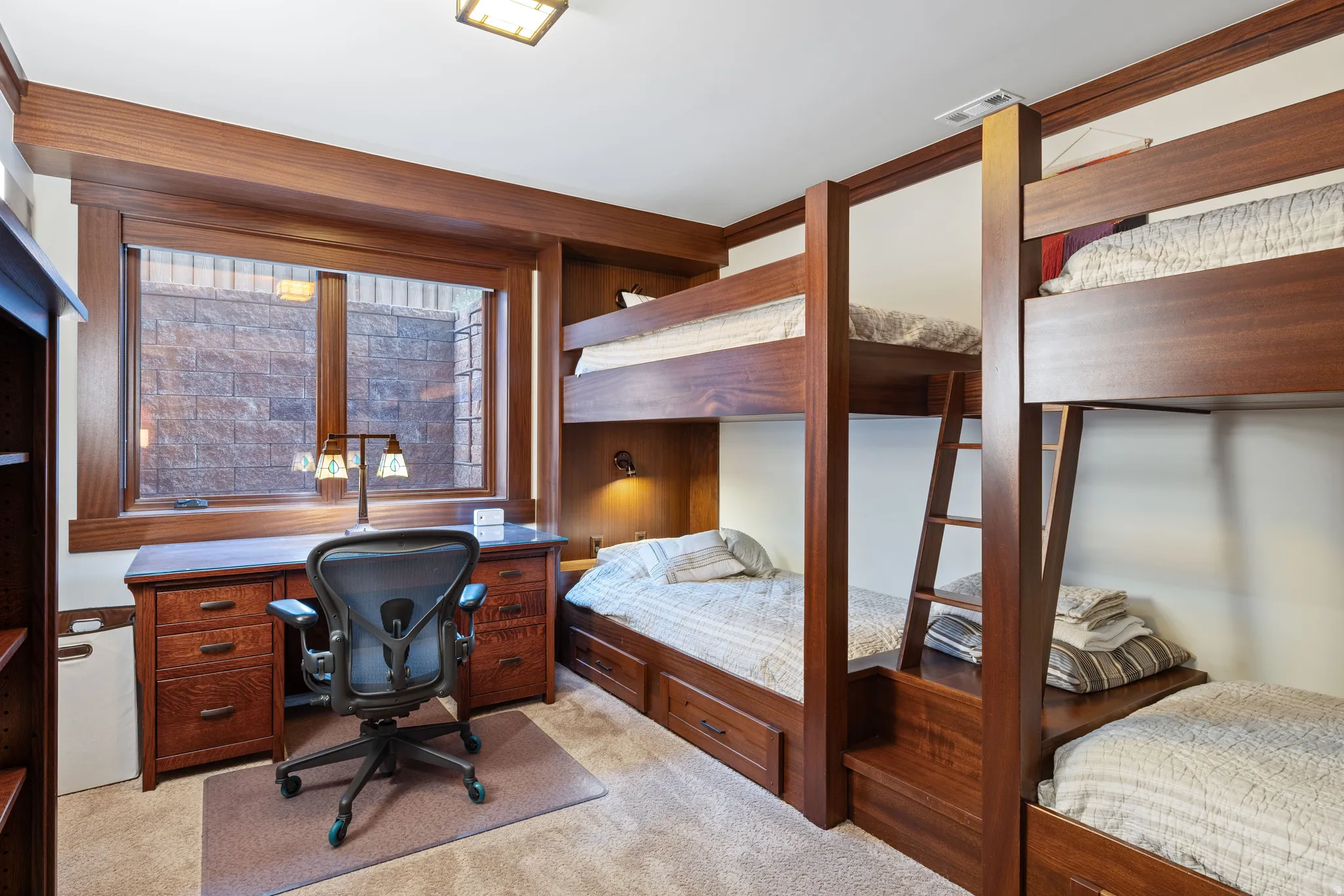 Wood-finish bunk bed system with integrated storage and ladders