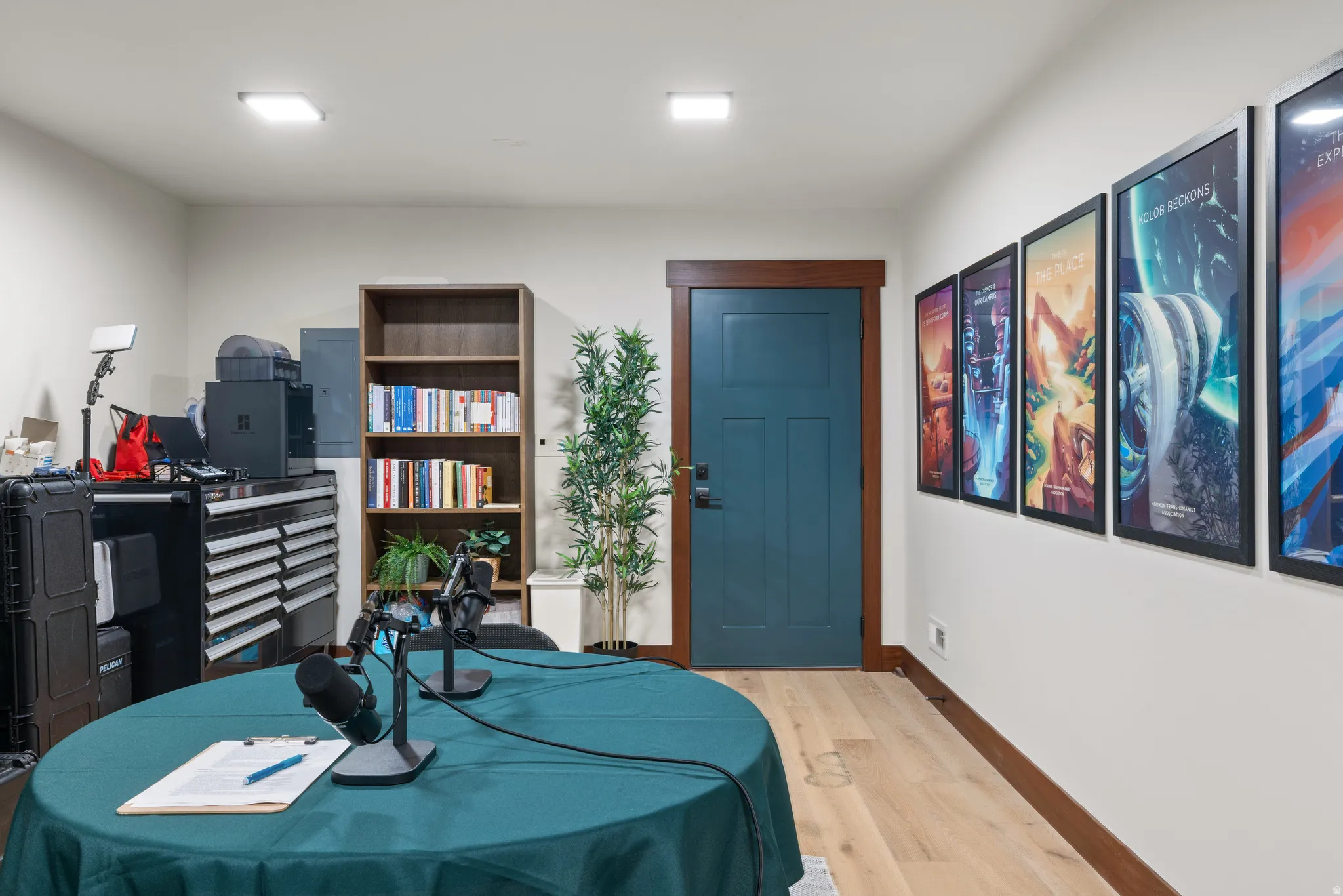 Light wood-finish flooring with a contrasting dark wood trim