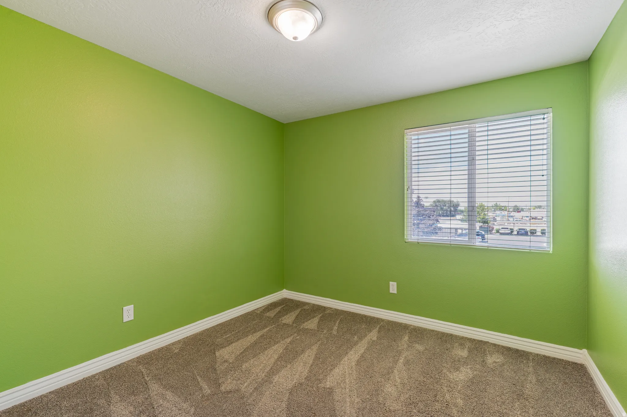 Room with green painted walls, neutral patterned carpeting, and white baseboards
