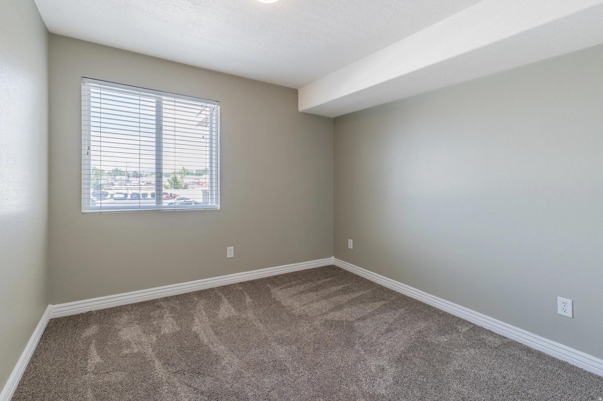 Neutral-toned walls complement plush grey carpeting