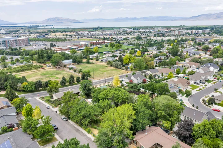 Aerial perspective showcasing a residential community with mature landscaping and varied rooflines