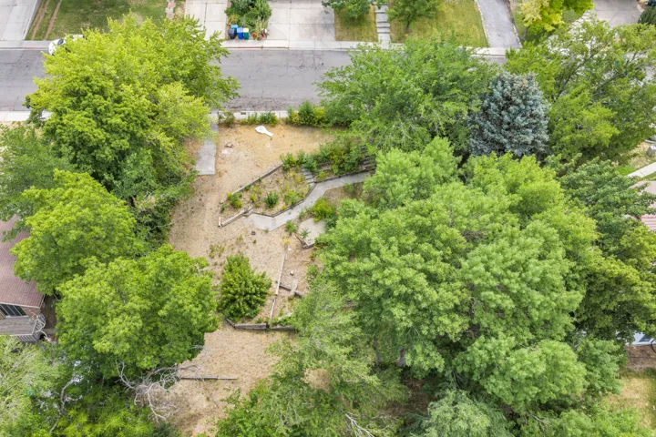 Expansive undeveloped lot featuring mature trees and established concrete pathways