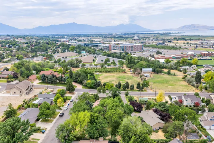 Elevated perspective of a suburban neighborhood with established landscaping, distinct residential properties, varied architectural styles, and distant mountains