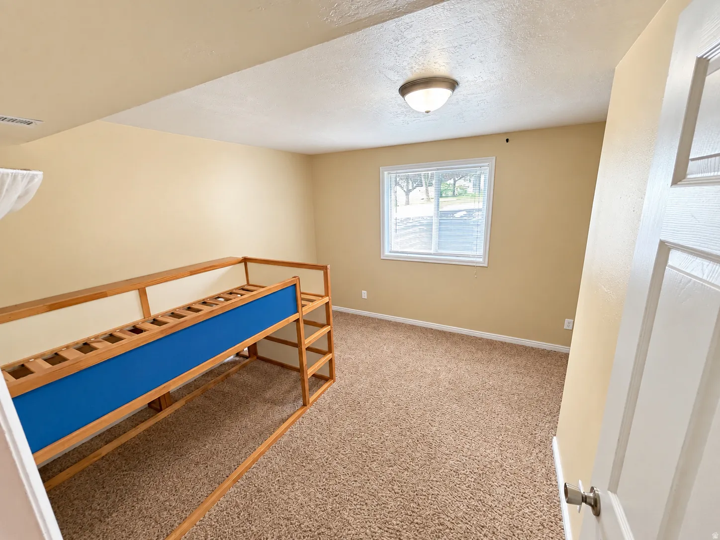 Neutral tone wall color, brown carpet flooring, flush mount ceiling light, and a window with white trim