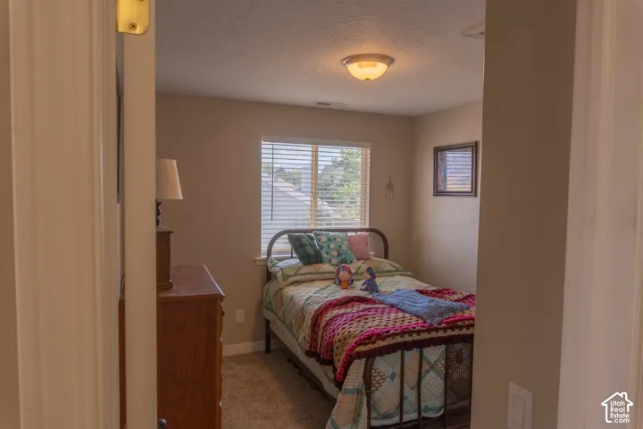Carpeted bedroom featuring a single window with blinds, a ceiling-mounted light fixture, and neutral painted walls