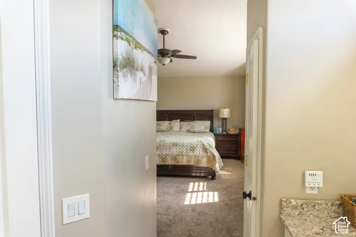 Carpeted bedroom with a dark wood-finish bed frame, matching nightstands, and a ceiling fan
