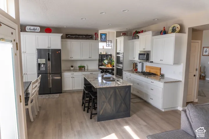 Kitchen featuring a large central island with a built-in sink and seating, light wood-finish flooring, white cabinetry, integrated stainless steel appliances, and light-toned countertops