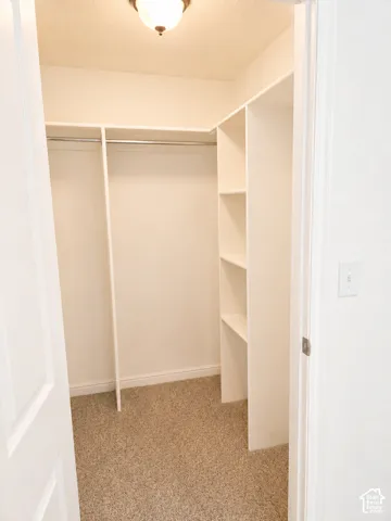 Walk-in closet featuring built-in shelving, hanging rods, light beige carpeting, white baseboards, and a semi-flush mount ceiling light fixture