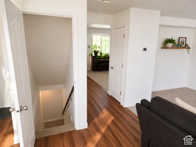 Wood-finish flooring throughout the main area, with a white painted staircase featuring a dark handrail