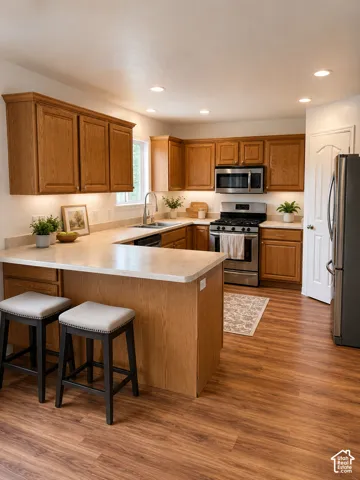 Kitchen featuring wood-finish flooring, recessed lighting, and a U-shaped countertop.