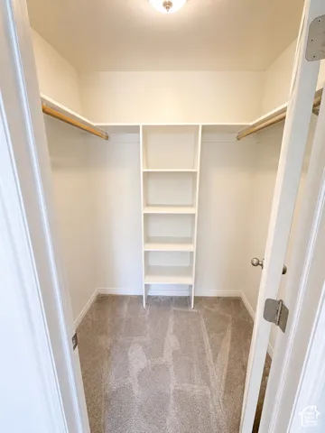 Walk-in closet with integrated shelving, dual hanging rods, and neutral-toned carpeting