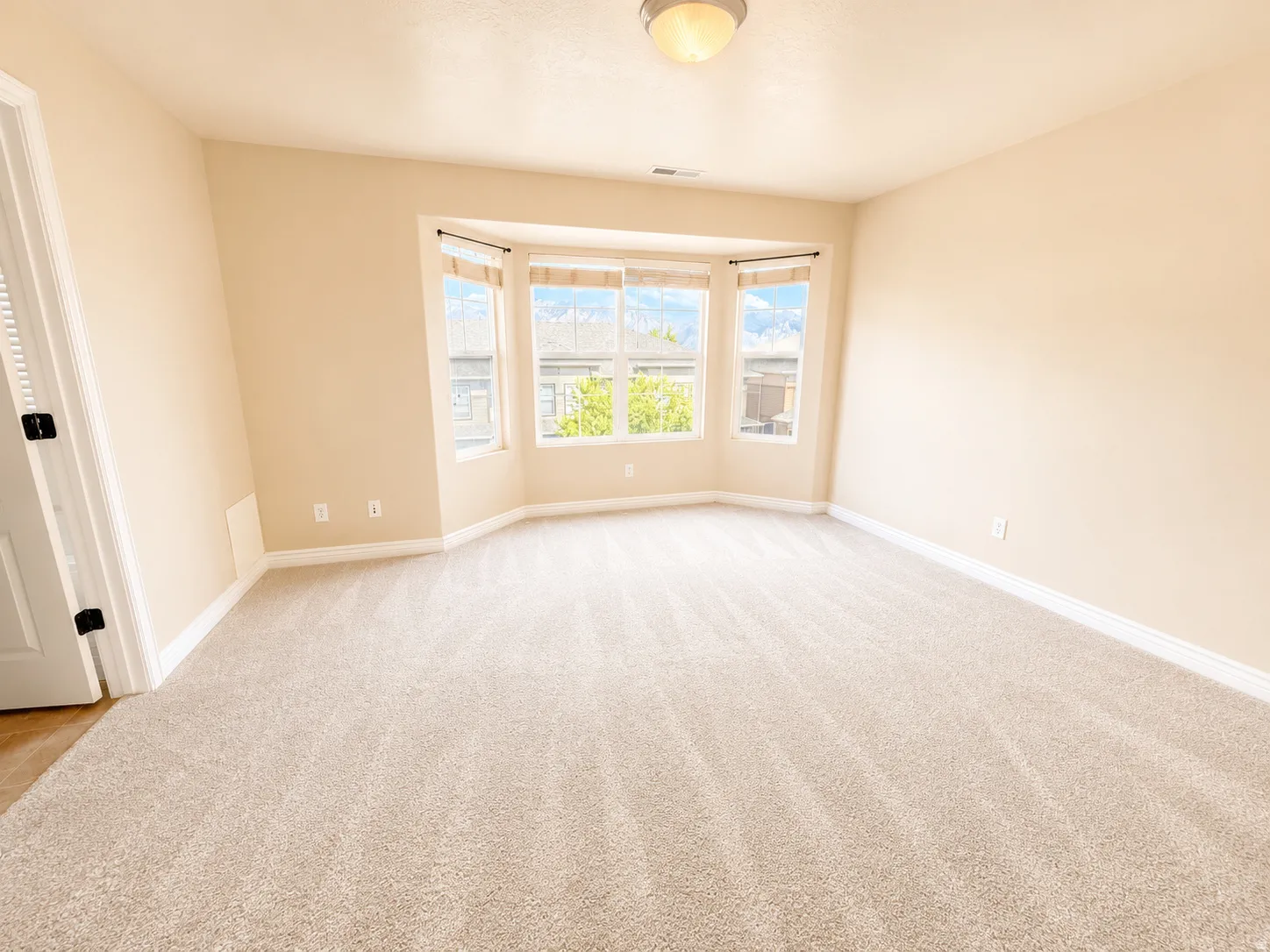 Room with neutral carpeting and light-toned walls