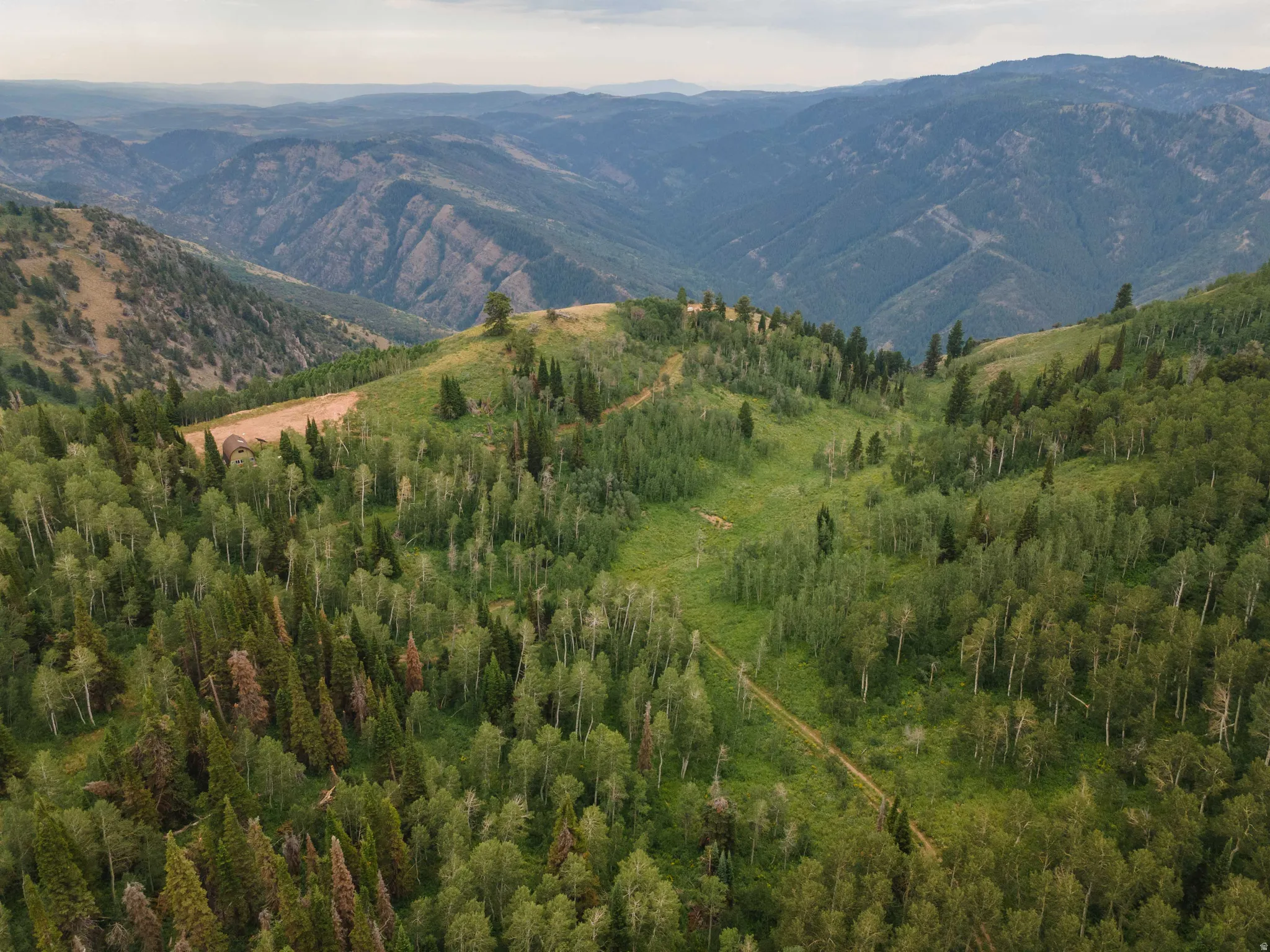 Expansive mountainous terrain featuring dense forests and a meandering dirt path