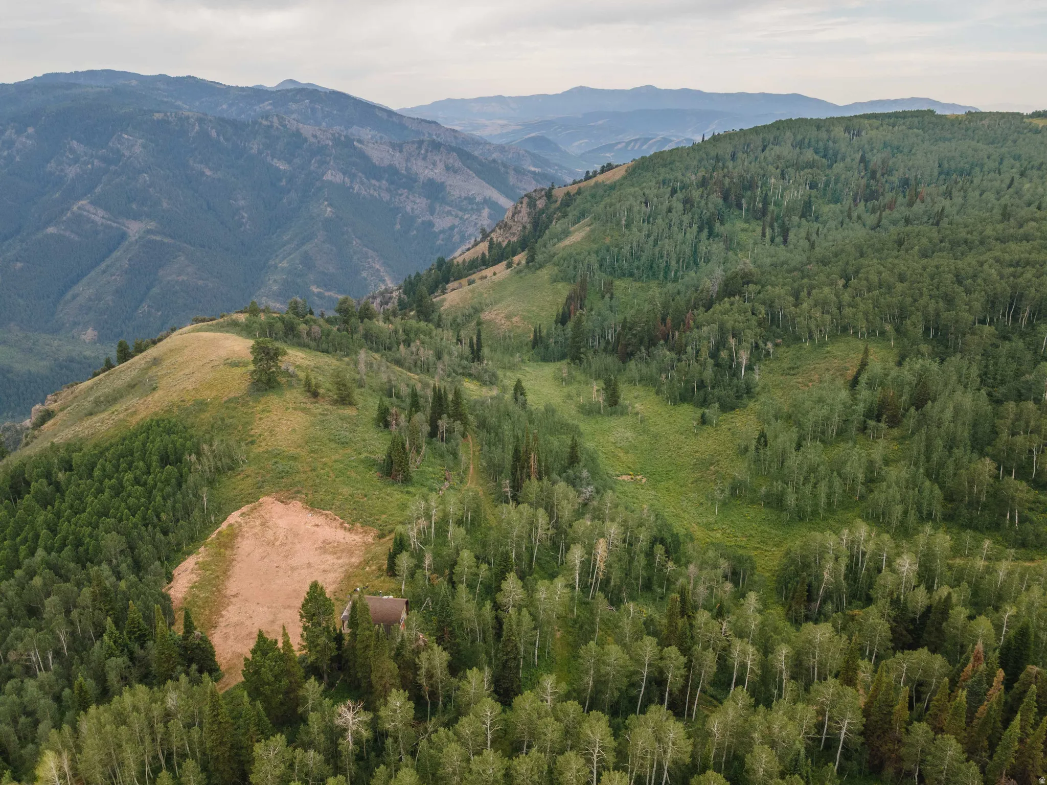 Expansive mountain landscape featuring varied terrain and diverse tree coverage