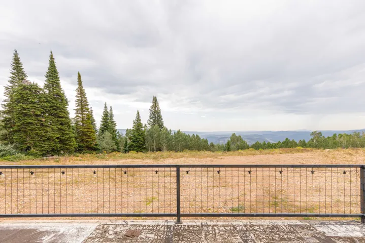 Expansive outdoor space featuring a metal grid railing, natural terrain, and distant mountain ranges