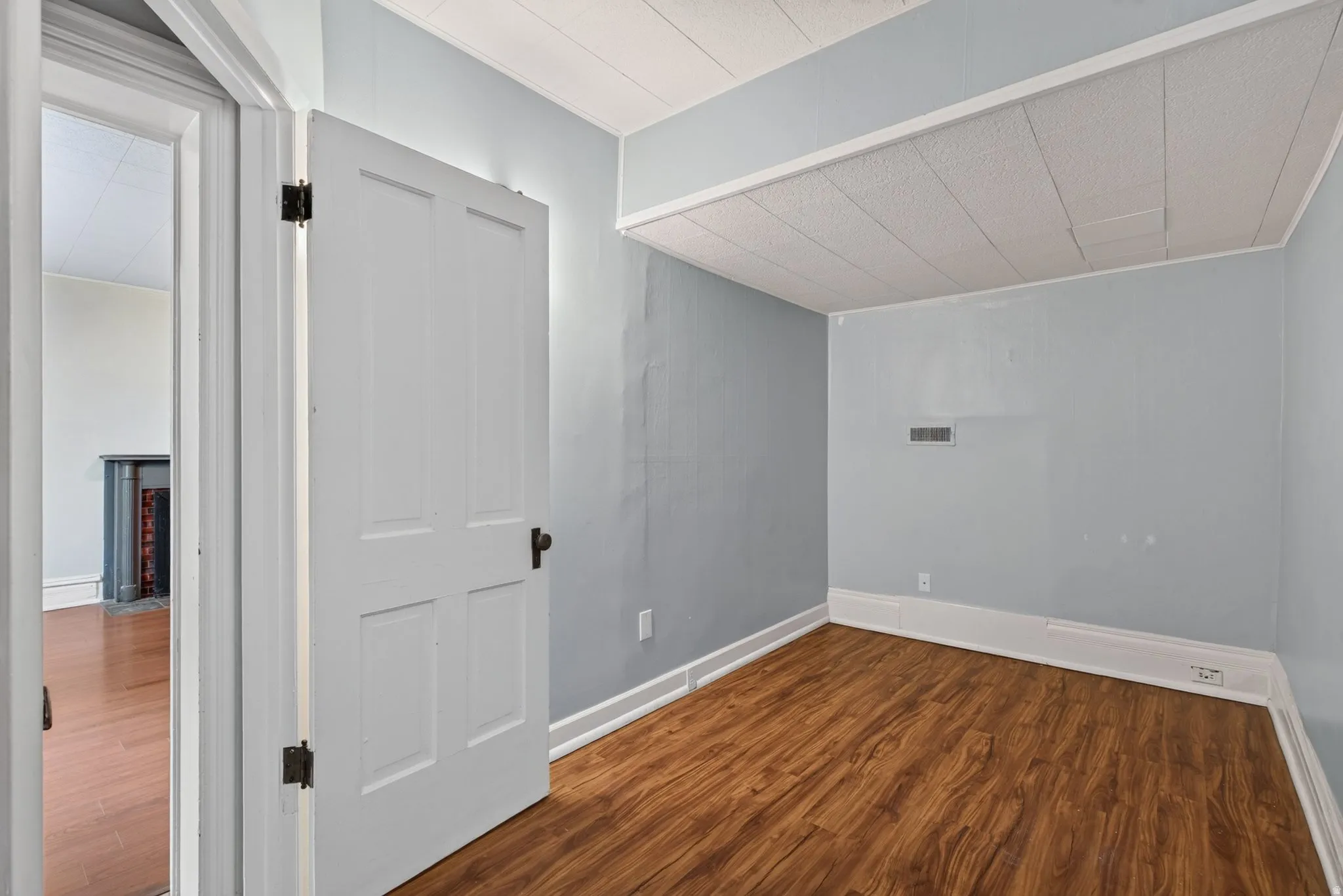 Interior room featuring wood-finish flooring, light blue walls, and a white paneled door