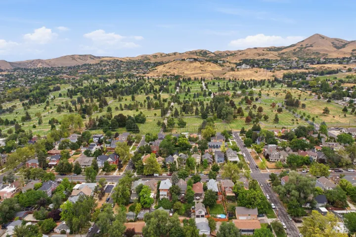 Aerial perspective showcasing a residential area with mature trees and established homes