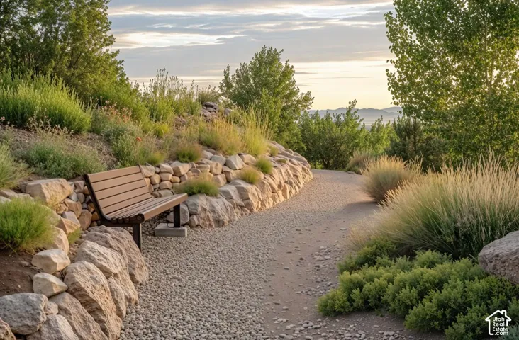 Gravel pathway bordered by a stone retaining wall and varied plantings, featuring a wooden slatted bench