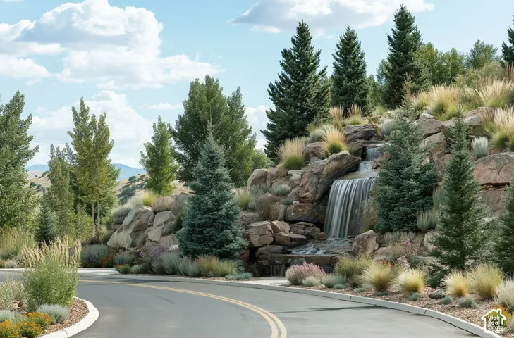 Curved paved road bordered by a rock-faced hillside featuring an integrated waterfall, mature evergreens, varied ornamental grasses, and low-lying shrubs