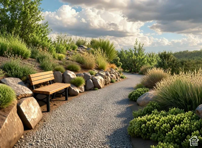 Landscaped pathway with pea gravel surfacing, featuring a wooden bench with dark metal supports